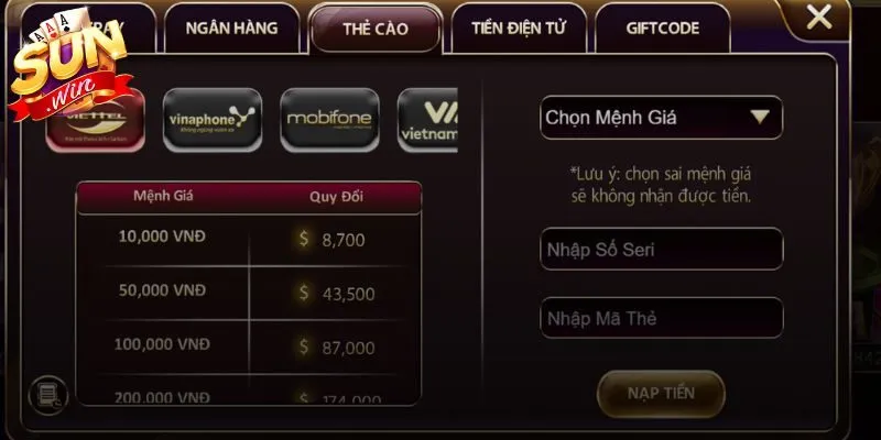 Nạp Tiền Sunwin Hướng Dẫn Chi Tiết Thao Tác An Toàn 3 Sunwin Thẻ cào hỗ trợ nạp tiền Sunwin nhanh gọn linh hoạt